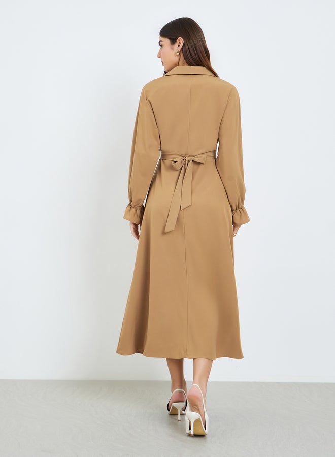 Styli Women Khaki Long Sleeve A-Line Midi Dress - Image 4
